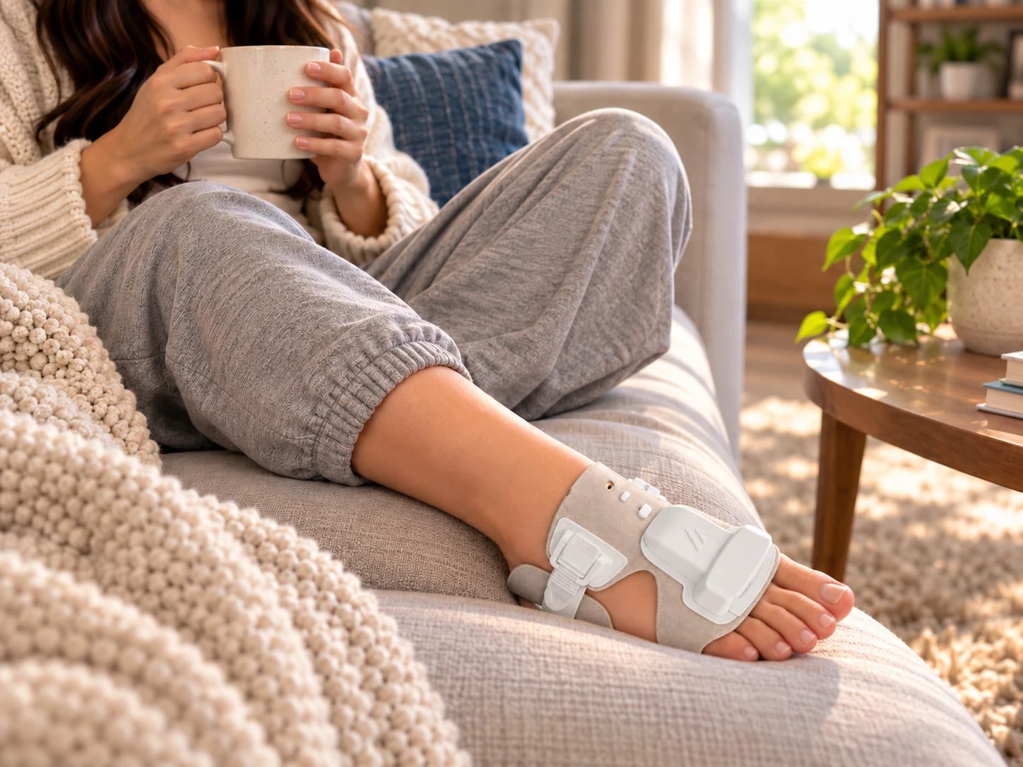 A woman sitting on a sofa at home holding a mug, the VeriTrack wrap worn on her ankle with her leg stretched out across the cushions
