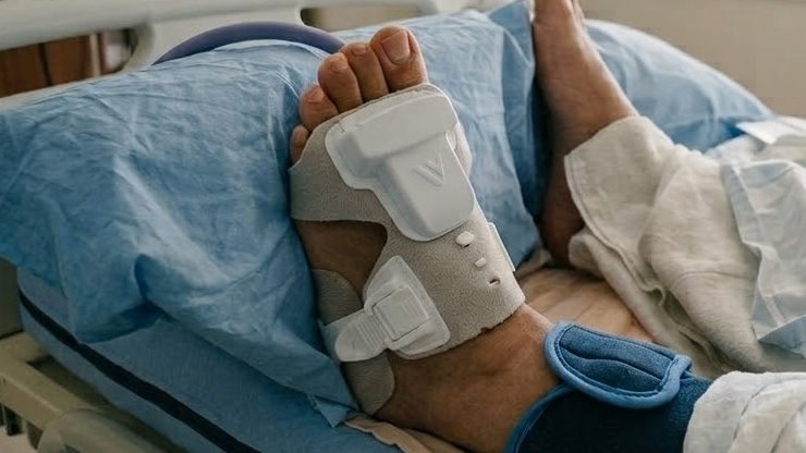 The VeriTrack wrap on a patient's foot in a hospital bed, with an IV pole, monitors and a window in the room behind